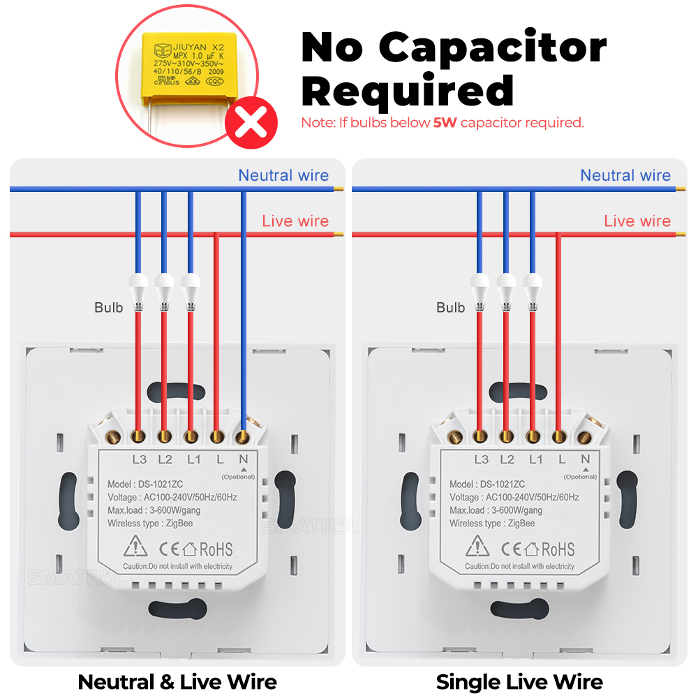 Công Tắc Đèn Thông Minh Zigbee Không Dây Trung Tính