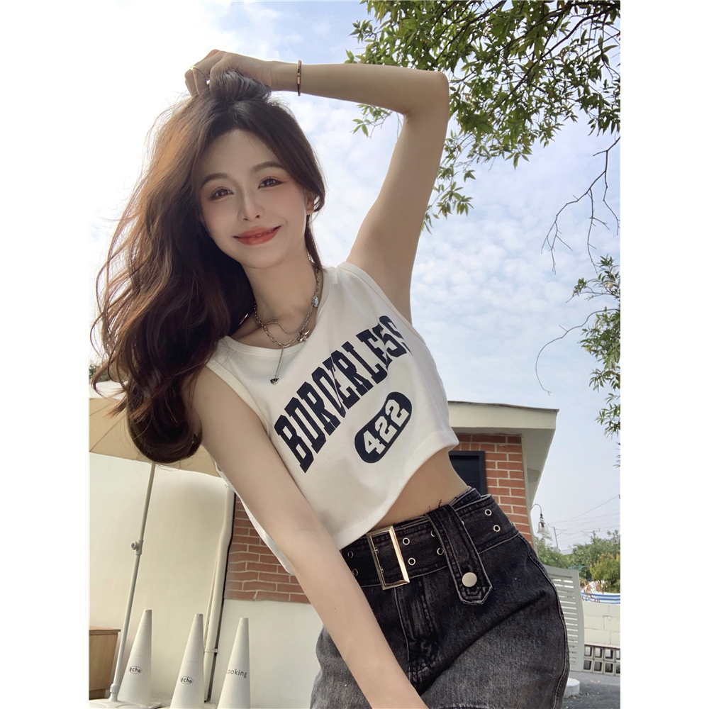 Áo Croptop Sát Nách Cổ Tròn In Chữ Thời Trang Mùa Hè Cho Nữ