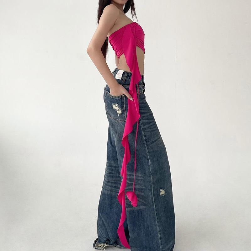 QADCOL Set Áo Hai Dây Hở Lưng Cổ Khoét Sâu + Quần short Thời Trang Đường Phố Gợi Cảm Cho Nữ Áo Ống Màu Trơn