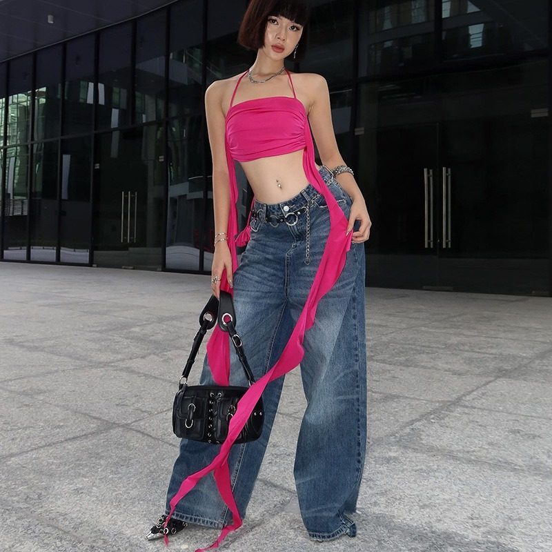 QADCOL Set Áo Hai Dây Hở Lưng Cổ Khoét Sâu + Quần short Thời Trang Đường Phố Gợi Cảm Cho Nữ Áo Ống Màu Trơn