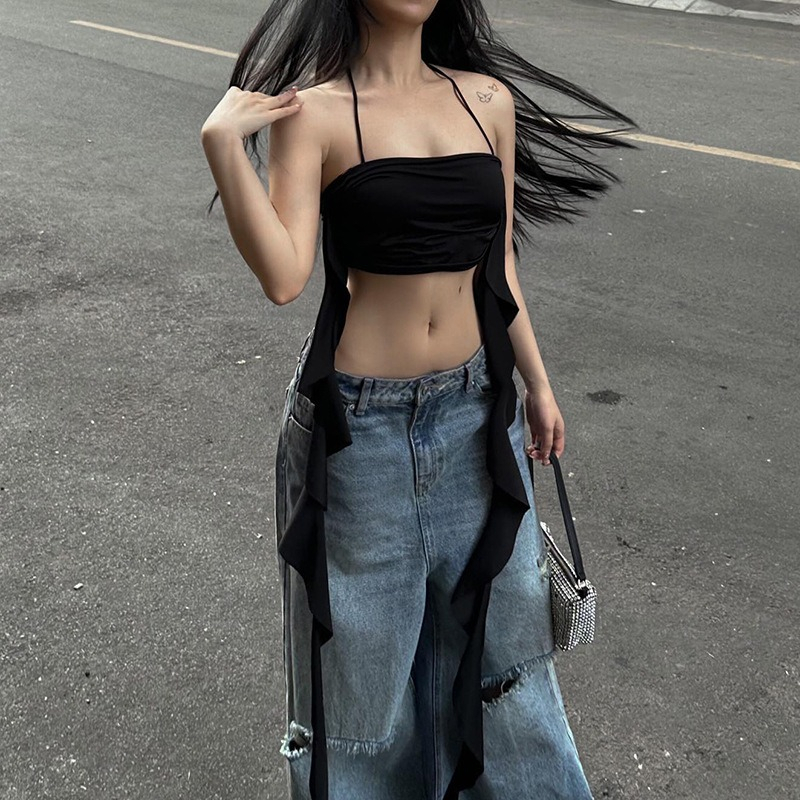 QADCOL Set Áo Hai Dây Hở Lưng Cổ Khoét Sâu + Quần short Thời Trang Đường Phố Gợi Cảm Cho Nữ Áo Ống Màu Trơn