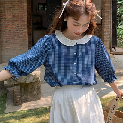 Áo Sơ Mi 100% Cotton Tay Lửng Dáng Rộng Kiểu Sọc Caro Cá Tính Y2g