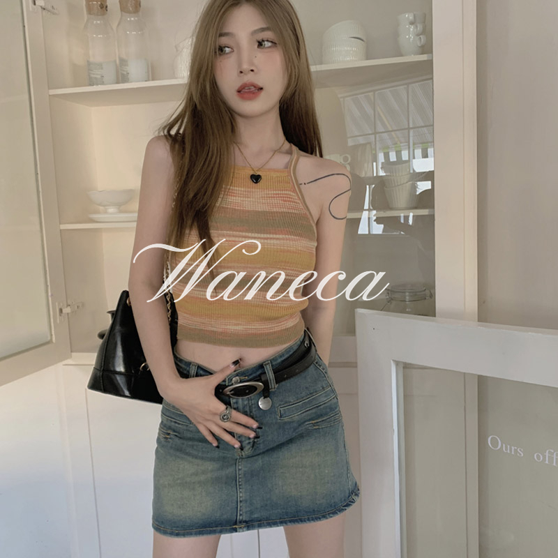 Waneca Áo Dệt Kim Hai Dây Ôm Dáng Ngắn Họa Tiết Tranh Sơn Dầu Cá Tính Ngọt Ngào Cho Nữ