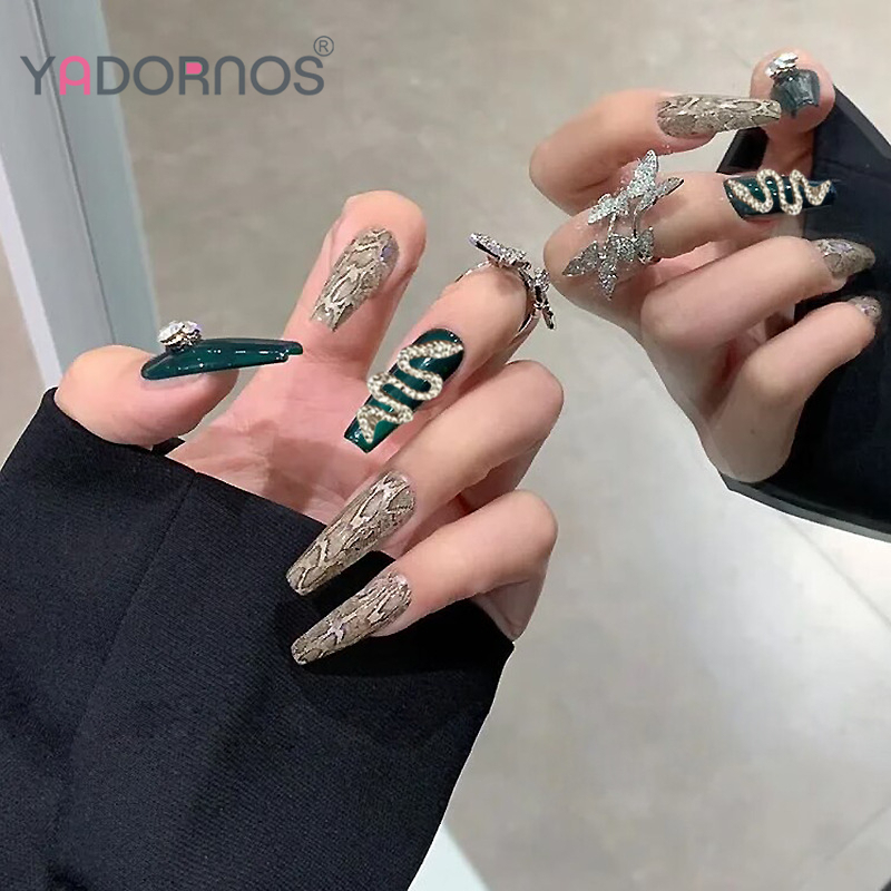 Set 24 Móng Tay Giả Hình Chữ T Đính Đá Nhiều Màu Sắc