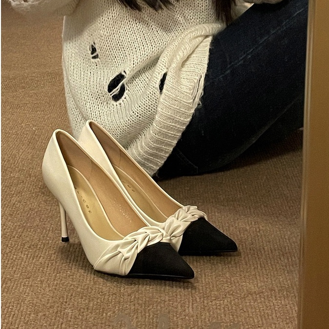 Giày cao gót 9cm mũi nhọn màu sắc bóng bẩy phong cách thời trang pháp dành cho giày trắng nữ