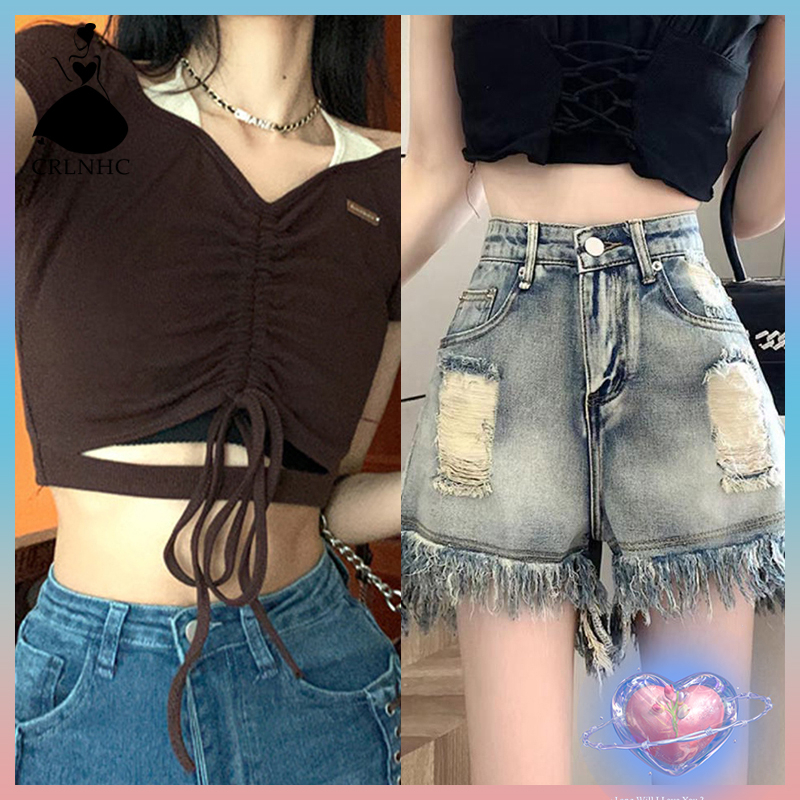 Yuan Quần Short Denim Rách Lưng Cao Thời Trang Đường Phố Mùa Hè Cá Tính Y2k Thiết Kế Ghép Nối Sang Trọng TH