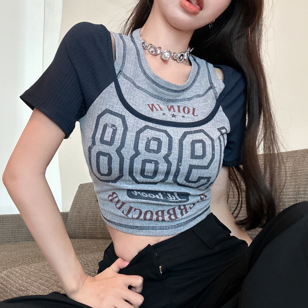QADCOL Áo Thun Ngắn Lưng Cao Giả Hai Lớp Phong Cách Mỹ Thời Trang Mùa Hè Cho Nữ