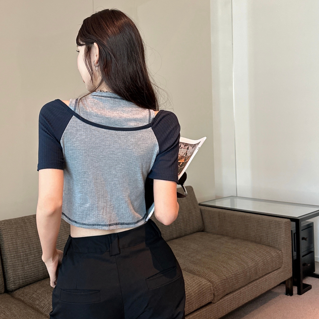 QADCOL Áo Thun Ngắn Lưng Cao Giả Hai Lớp Phong Cách Mỹ Thời Trang Mùa Hè Cho Nữ