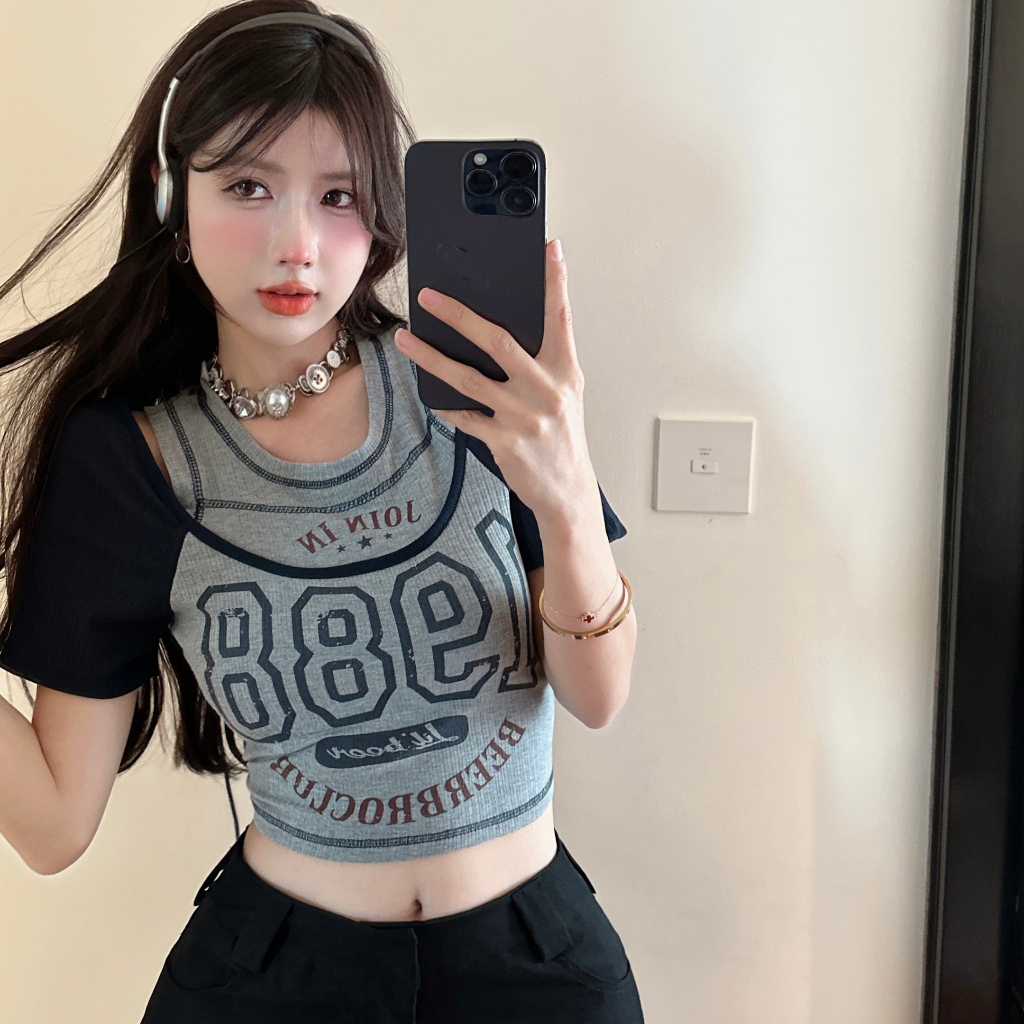 QADCOL Áo Thun Ngắn Lưng Cao Giả Hai Lớp Phong Cách Mỹ Thời Trang Mùa Hè Cho Nữ