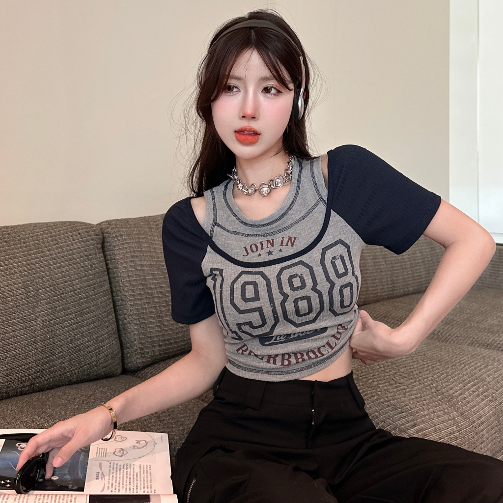 QADCOL Áo Thun Ngắn Lưng Cao Giả Hai Lớp Phong Cách Mỹ Thời Trang Mùa Hè Cho Nữ