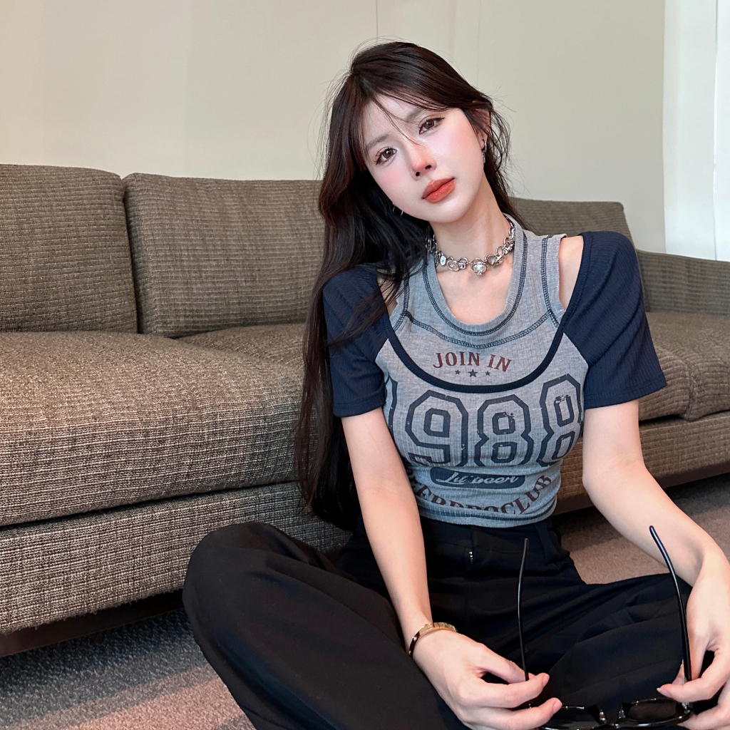 QADCOL Áo Thun Ngắn Lưng Cao Giả Hai Lớp Phong Cách Mỹ Thời Trang Mùa Hè Cho Nữ