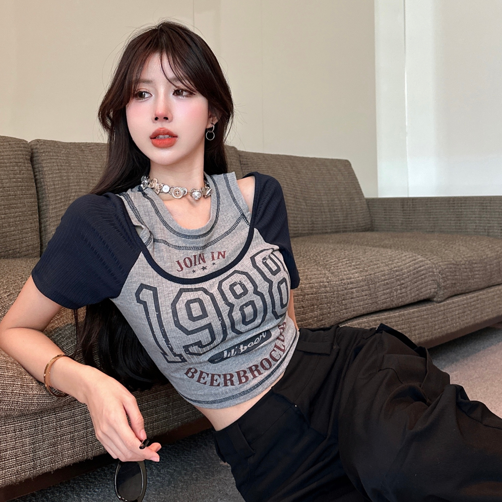 QADCOL Áo Thun Ngắn Lưng Cao Giả Hai Lớp Phong Cách Mỹ Thời Trang Mùa Hè Cho Nữ