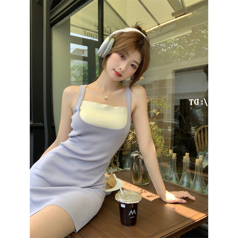 Lalisas Đầm Hai Dây Dệt Kim Ngắn Dáng Ôm Thời Trang Pháp Cho Nữ