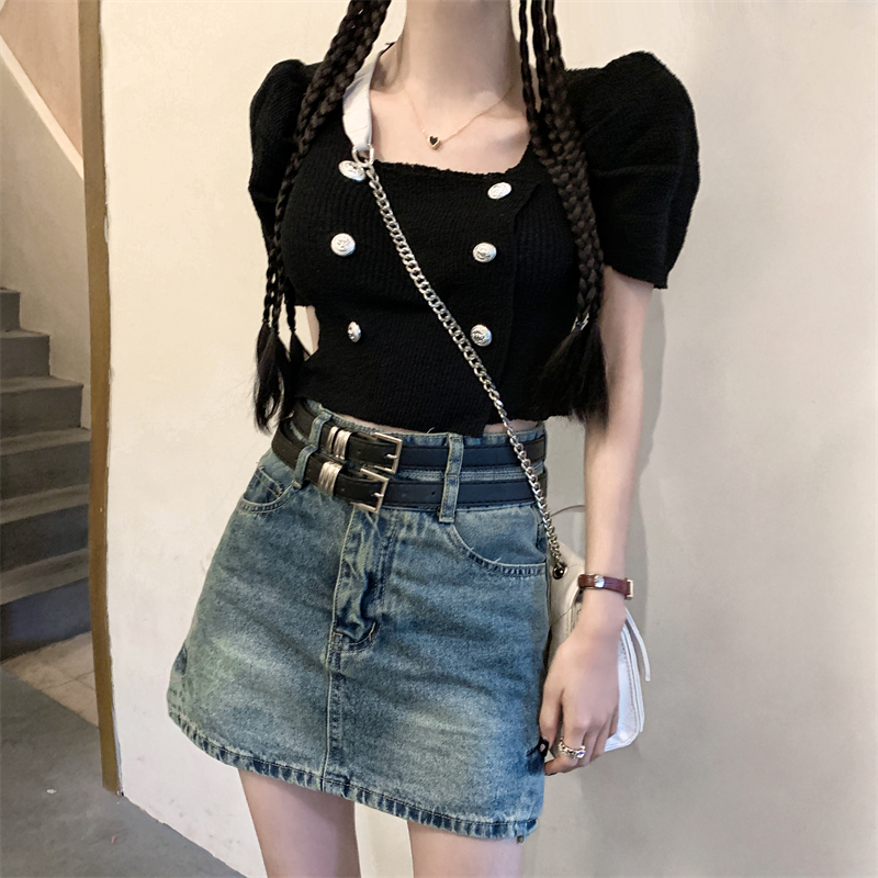 Lalisas Áo Sơ Mi Tay Ngắn Phồng Ôm Dáng Thiết Kế Hai Hàng Nút Kiểu Pháp Cho Nữ