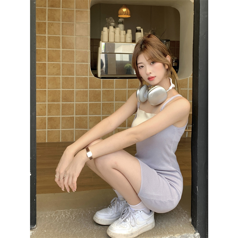 Lalisas Đầm Hai Dây Dệt Kim Ngắn Dáng Ôm Thời Trang Pháp Cho Nữ