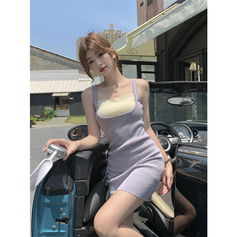 Lalisas Đầm Hai Dây Dệt Kim Ngắn Dáng Ôm Thời Trang Pháp Cho Nữ