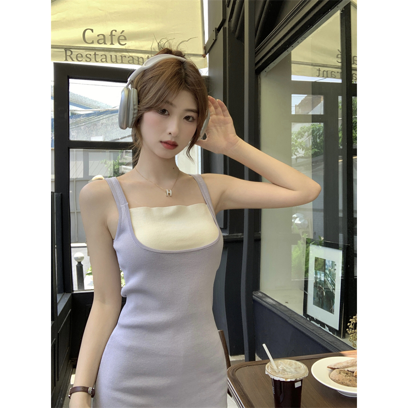 Lalisas Đầm Hai Dây Dệt Kim Ngắn Dáng Ôm Thời Trang Pháp Cho Nữ