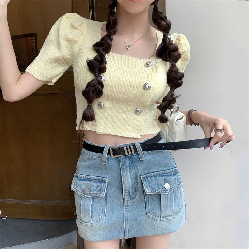 Lalisas Áo Sơ Mi Tay Ngắn Phồng Ôm Dáng Thiết Kế Hai Hàng Nút Kiểu Pháp Cho Nữ