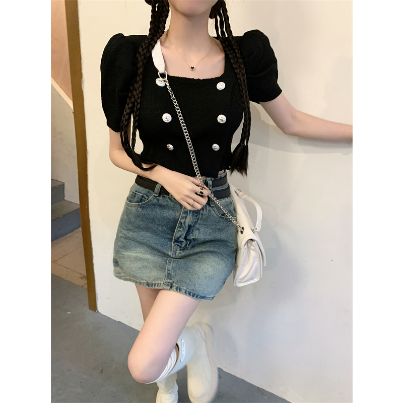 Lalisas Áo Sơ Mi Tay Ngắn Phồng Ôm Dáng Thiết Kế Hai Hàng Nút Kiểu Pháp Cho Nữ