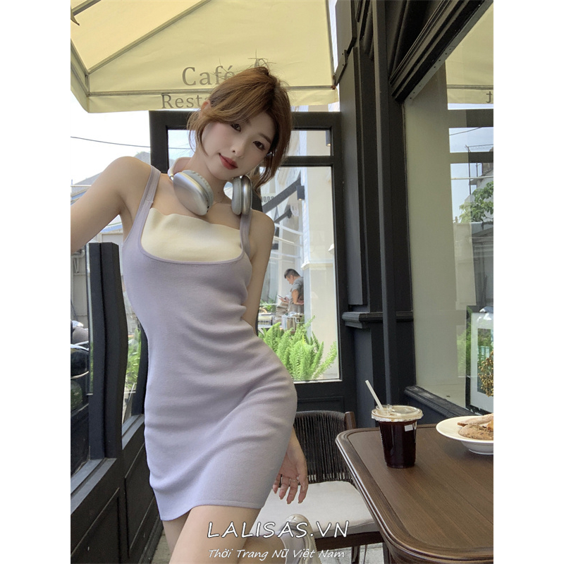 Lalisas Đầm Hai Dây Dệt Kim Ngắn Dáng Ôm Thời Trang Pháp Cho Nữ
