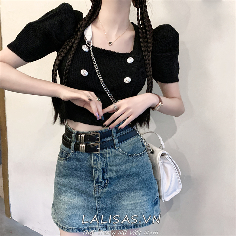 Lalisas Áo Sơ Mi Tay Ngắn Phồng Ôm Dáng Thiết Kế Hai Hàng Nút Kiểu Pháp Cho Nữ
