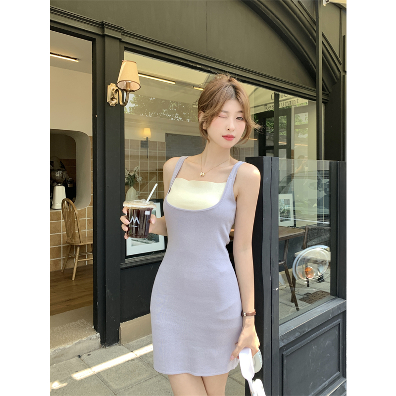 Lalisas Đầm Hai Dây Dệt Kim Ngắn Dáng Ôm Thời Trang Pháp Cho Nữ