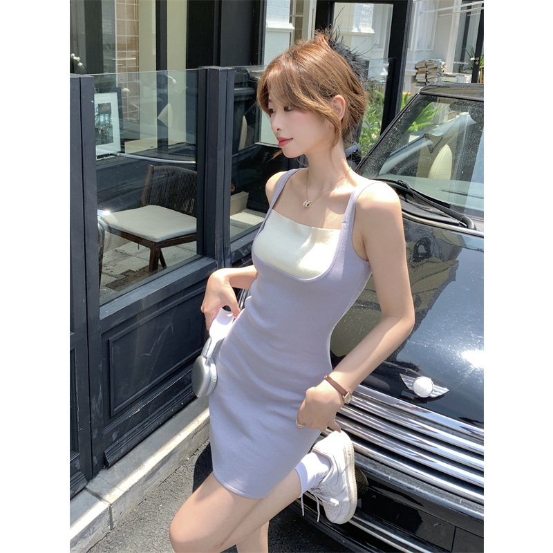 Lalisas Đầm Hai Dây Dệt Kim Ngắn Dáng Ôm Thời Trang Pháp Cho Nữ