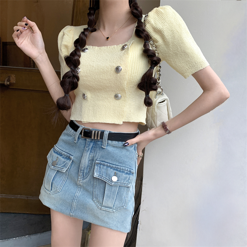 Lalisas Áo Sơ Mi Tay Ngắn Phồng Ôm Dáng Thiết Kế Hai Hàng Nút Kiểu Pháp Cho Nữ