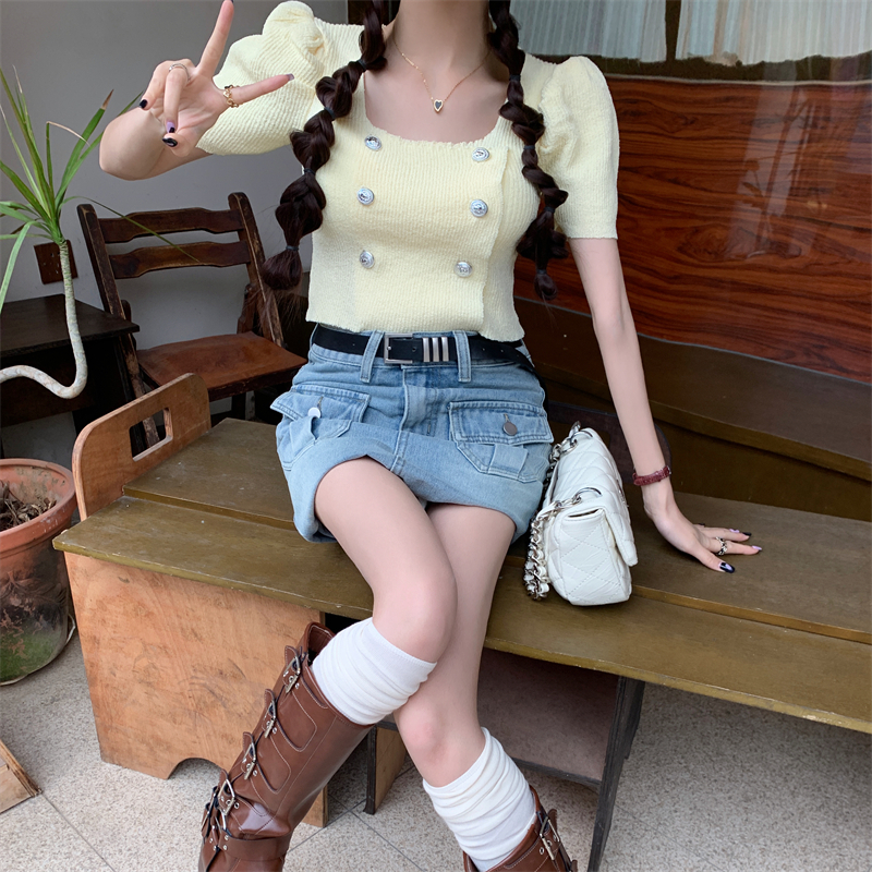 Lalisas Áo Sơ Mi Tay Ngắn Phồng Ôm Dáng Thiết Kế Hai Hàng Nút Kiểu Pháp Cho Nữ