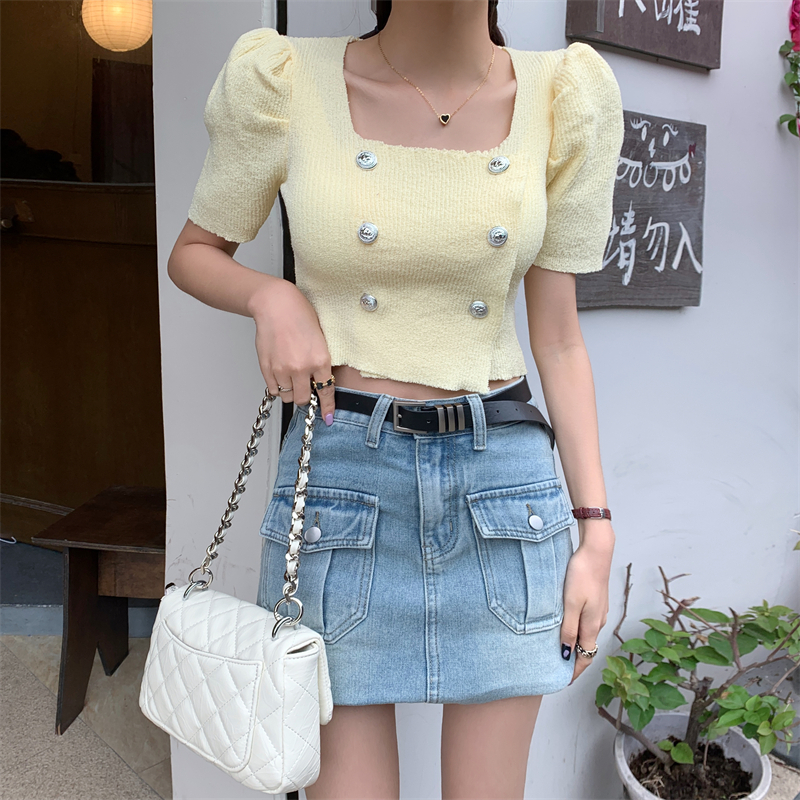 Lalisas Áo Sơ Mi Tay Ngắn Phồng Ôm Dáng Thiết Kế Hai Hàng Nút Kiểu Pháp Cho Nữ