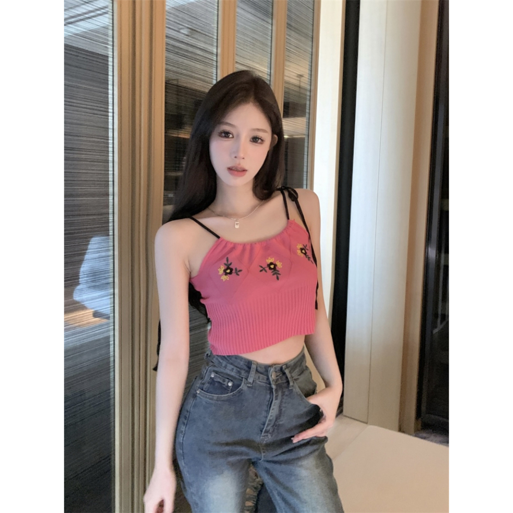 Lalisas Áo Hai Dây Ngắn Mỏng Thêu Ren Thiết Kế Ngọt Ngào Phong Cách Hàn Quốc Cho Nữ