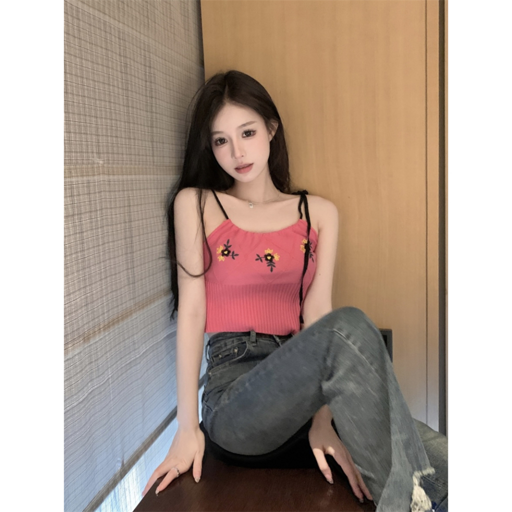 Lalisas Áo Hai Dây Ngắn Mỏng Thêu Ren Thiết Kế Ngọt Ngào Phong Cách Hàn Quốc Cho Nữ