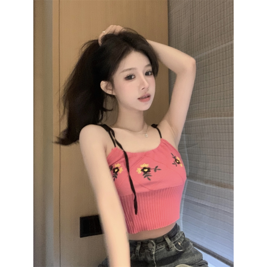 Lalisas Áo Hai Dây Ngắn Mỏng Thêu Ren Thiết Kế Ngọt Ngào Phong Cách Hàn Quốc Cho Nữ