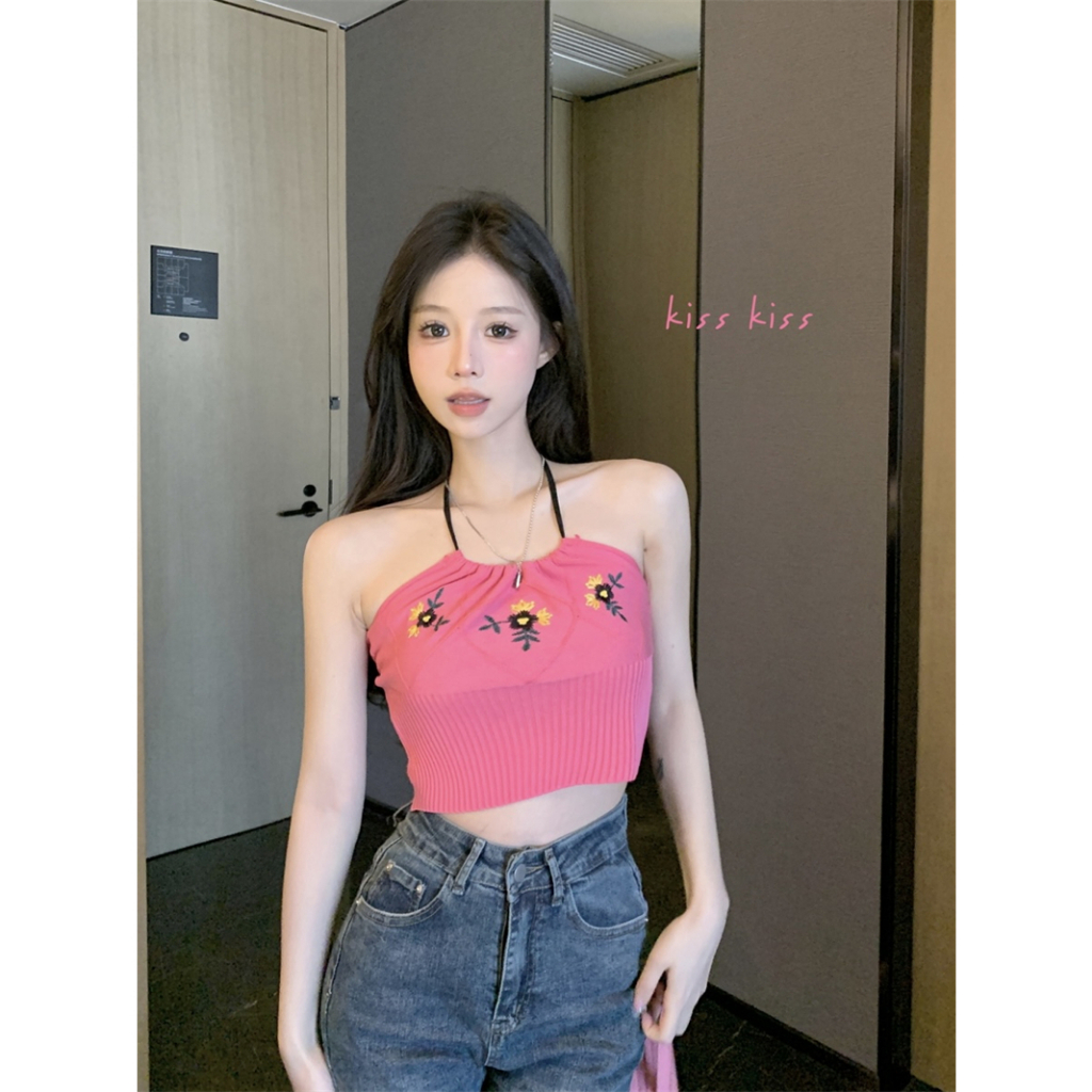 Lalisas Áo Hai Dây Ngắn Mỏng Thêu Ren Thiết Kế Ngọt Ngào Phong Cách Hàn Quốc Cho Nữ