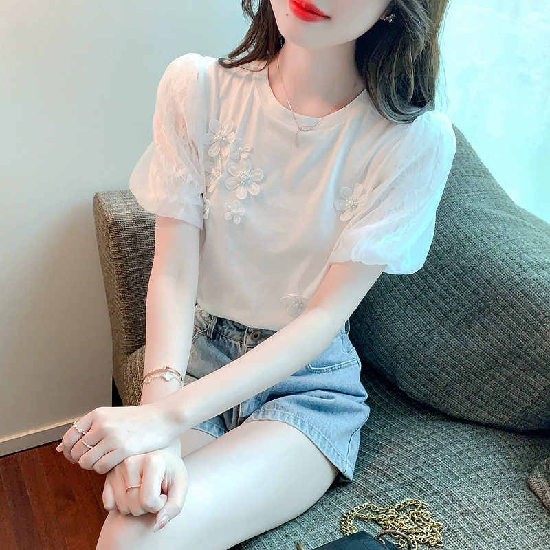 Áo Thun Ngắn Tay Cổ Tròn Họa Tiết Hoa Đính Hạt Thời Trang Hàn Quốc Mới