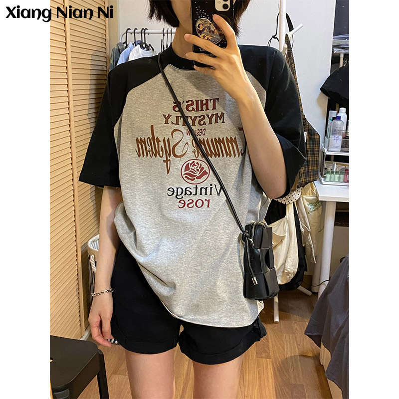 Áo thun XIANG NIAN NI tay ngắn dáng rộng in màu tương phản thời trang cho nữ