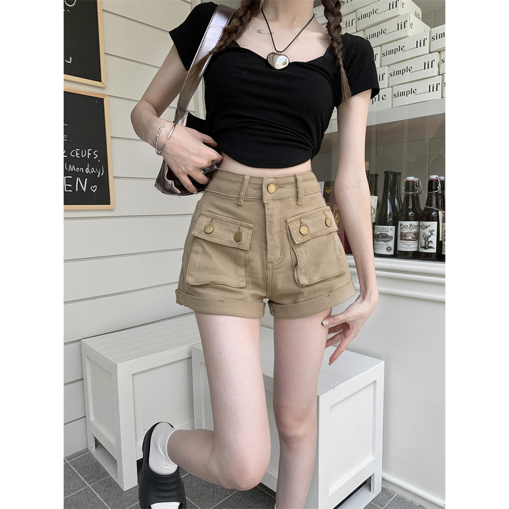 Lalisas Quần Short Denim Lưng Cao Dáng Chữ A Có Túi Hàng Gia Vị Mỹ Cho Nữ