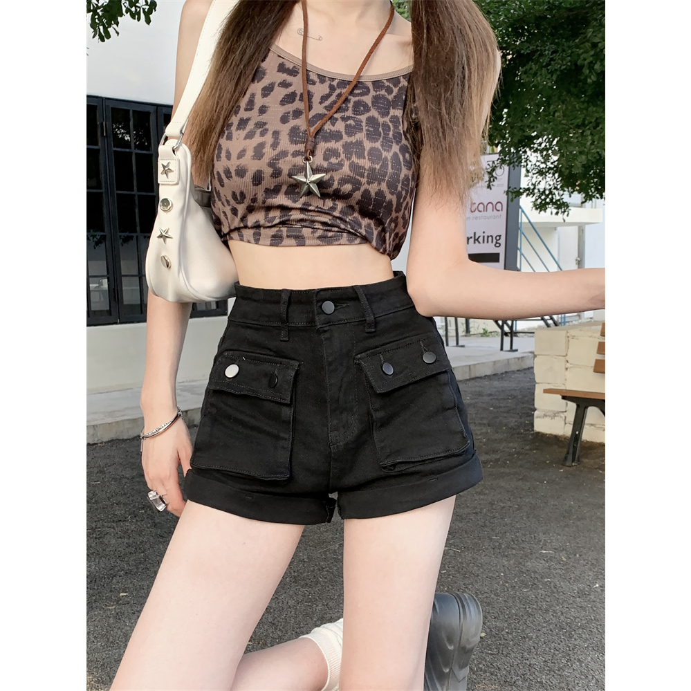 Lalisas Quần Short Denim Lưng Cao Dáng Chữ A Có Túi Hàng Gia Vị Mỹ Cho Nữ