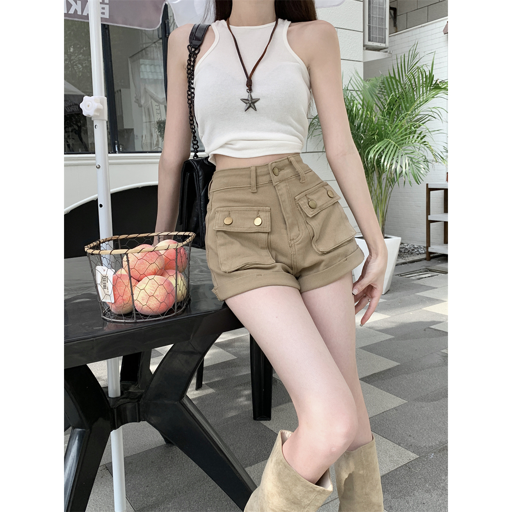 Lalisas Quần Short Denim Lưng Cao Dáng Chữ A Có Túi Hàng Gia Vị Mỹ Cho Nữ