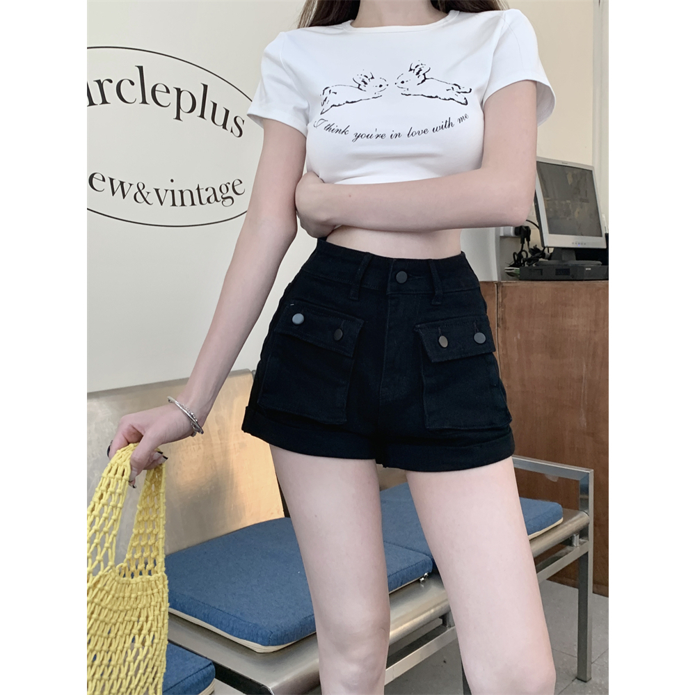 Lalisas Quần Short Denim Lưng Cao Dáng Chữ A Có Túi Hàng Gia Vị Mỹ Cho Nữ