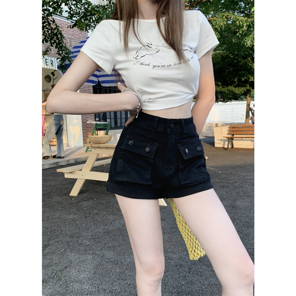 Lalisas Quần Short Denim Lưng Cao Dáng Chữ A Có Túi Hàng Gia Vị Mỹ Cho Nữ
