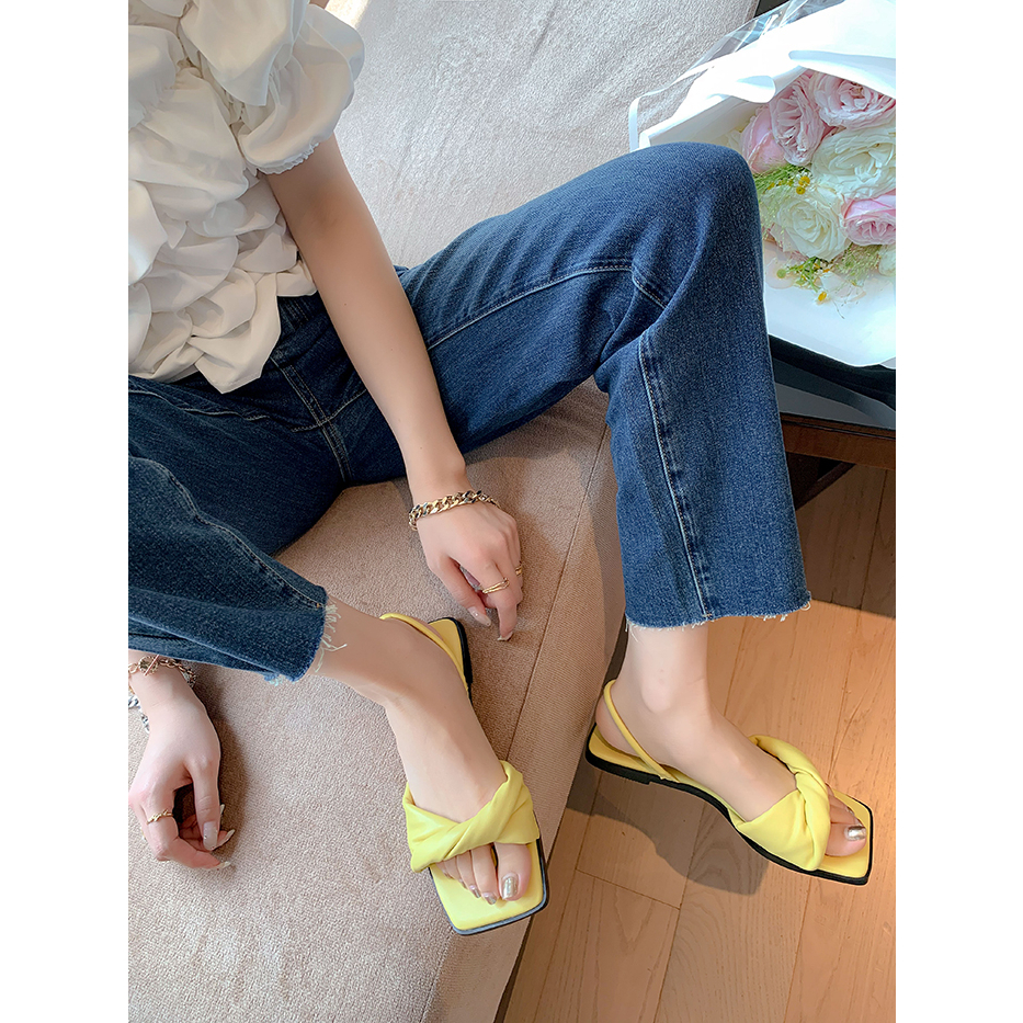 Giày Sandal Hở Ngón Đế Bằng Mềm Mại Mũi Vuông Thắt Nút Thời Trang
