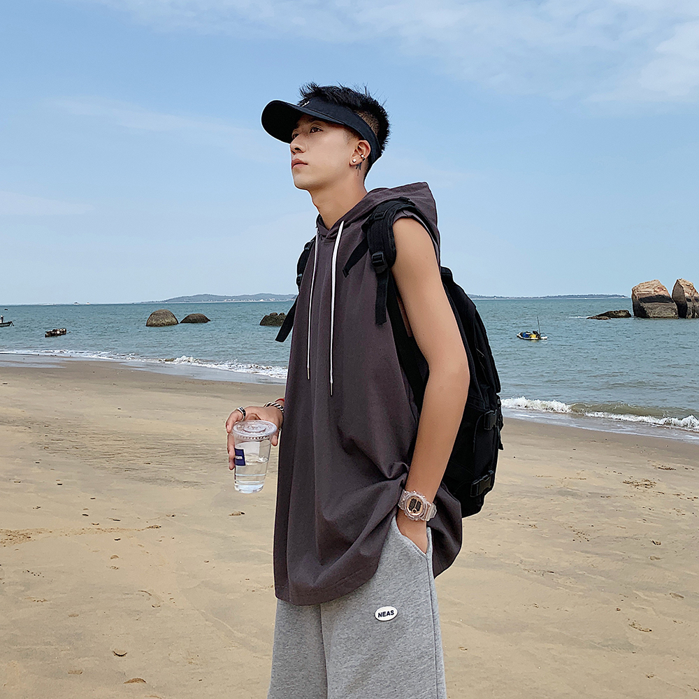 Áo Thun Sát Nách Có Mũ Trùm Đầu Phong Cách Thể Thao hip hop Đường Phố Hàn Quốc Mới