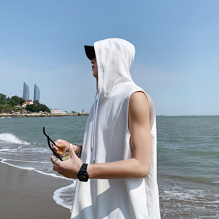 Áo Thun Sát Nách Có Mũ Trùm Đầu Phong Cách Thể Thao hip hop Đường Phố Hàn Quốc Mới