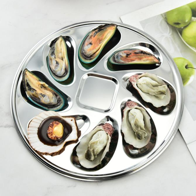 Sáng Tạo Tròn Thép Không Gỉ Hàu Đĩa Nhà Hàng Nướng Thanh Buffet Đĩa Hải Sản Dụng Cụ Nhà Bếp