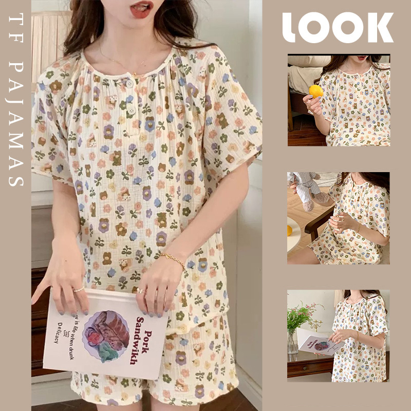 Bộ Đồ Ngủ Tay Ngắn Cổ Tròn in Hình Gấu Và Hoa Nhỏ Dễ Thương Phong Cách Hàn Quốc Thời Trang Mùa Hè Cho Nữ