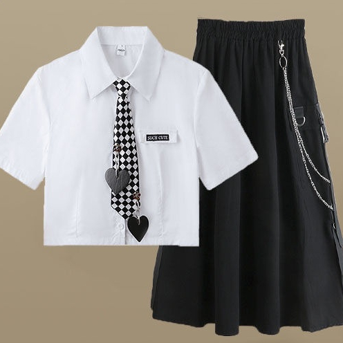 Bộ Áo Sơ Mi Dáng Rộng + Váy Yếm Lưng Cao Phong Cách Hàn Quốc Thời Trang Mùa Hè Cho Nữ