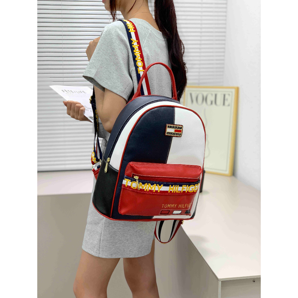 Tommy Hilfiger Mini Dễ Thương Ba Lô Da pu Cao Cấp Ba Lô Thời Trang Mới Lưới In Màu Đỏ Dung Tích Lớn Túi Nữ Du Lịch Ba Lô Đa Năng