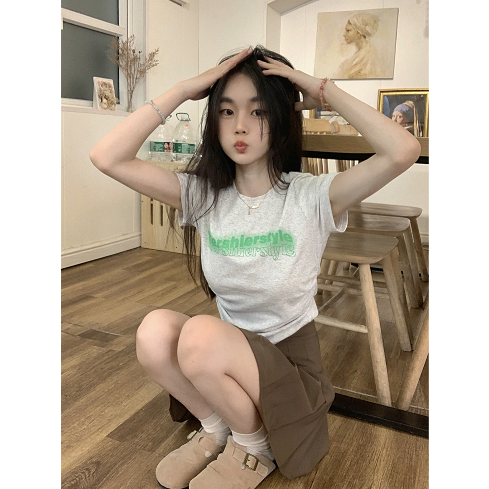 ZHELIHANGFEI Áo Thun Ngắn Tay In Chữ Xinh Xắn Dành Cho Nữ