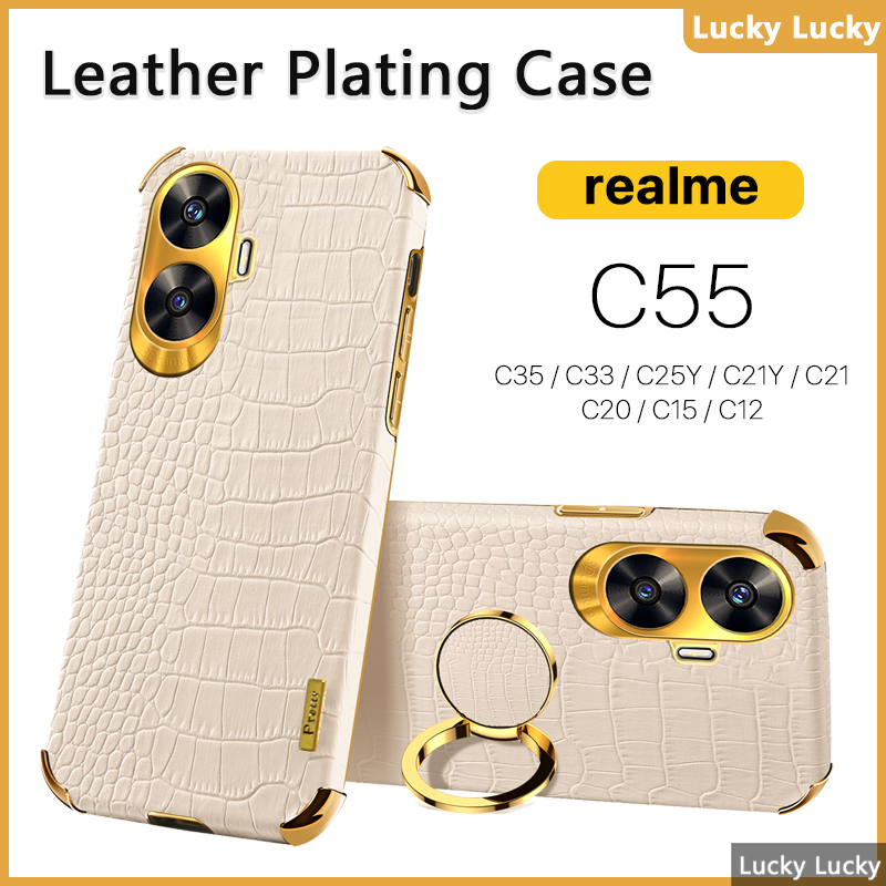 ốp lưng Realme C55 C35 C33 C25Y C21Y C21 C20 C15 C12 Họa Tiết Cá Sấu Giá đỡ vòng đeo tay PU Cover Máy ảnh bảo vệ toàn diện Mạ vàng Mảnh khảnh cảm xúc tuyệt vời Chống vân tay tản nhiệt lót